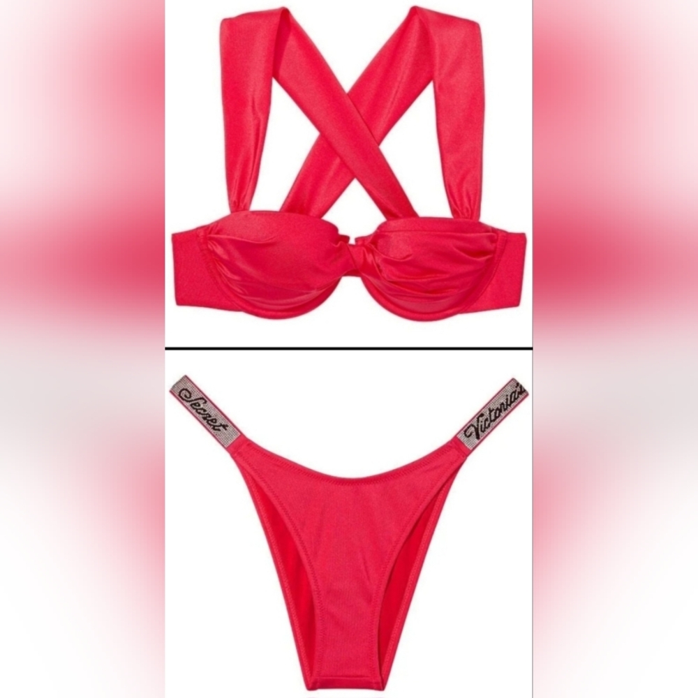 34D3/M VS Swim Twist Balconette Bikini Top Shine Strap Brazilian Bikini Set